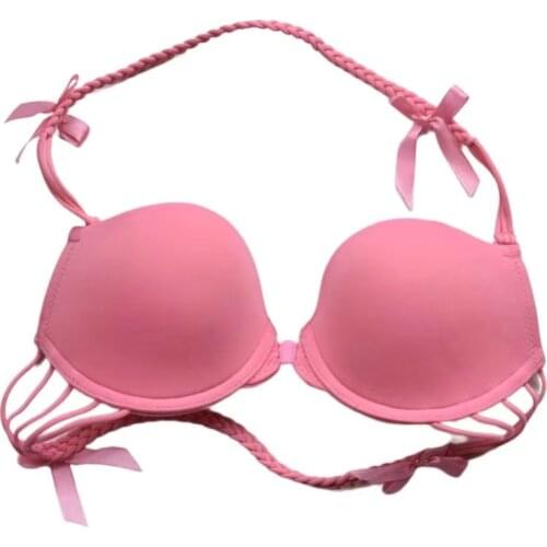 Japanese Cute Girls Beauty Back Bra Inner Cotton Front Closure Solid Color Simple Smooth Face Halter Thin Above Thick Under
