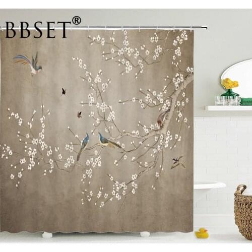Floral Shower Curtain Birds Playing on The Treetops Pattern Waterproof Multi-size Douchegordijn Bathroom Decor Witn 12 Hooks