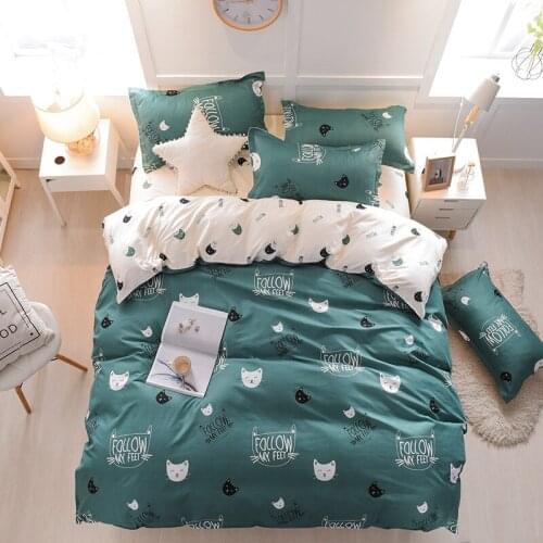 Denisroom cute cat comforter bedding sets green duvet cover set simple bed linens comforter cover king size TY91