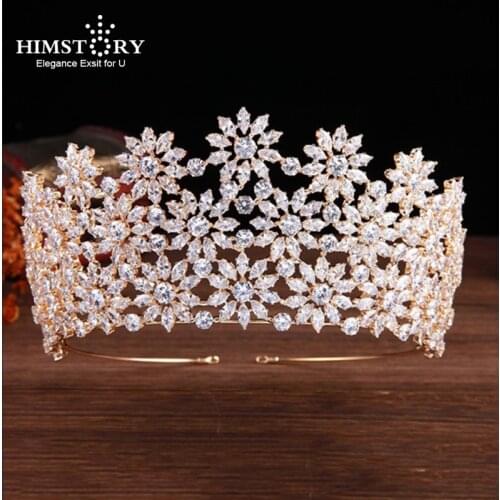 Himstory Shinny Floral Wedding Cubic Zircon Tiara Crown Bridal CZ Queen Princess Pageant Party Headpiece Hair Accessories