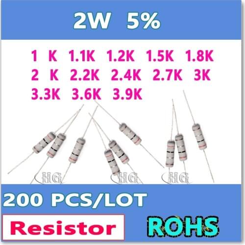 JASNPROSMA 200PCS/LOT 5% 2W 1K 1.1K 1.2K 1.5K 1.8K 2K 2.2K 2.4K 2.7K 3K 3.3K 3.6K 3.9K carbon film DIP OHM Resistor