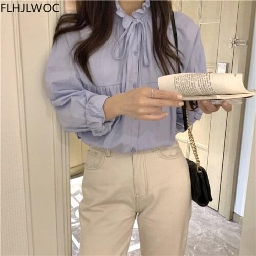 Korea Chic Tops Blusas Cute Sweet Girls Women Fashion Stand Collar Ruffled Vintage Solid White Blue Single Breasted Button Shirt