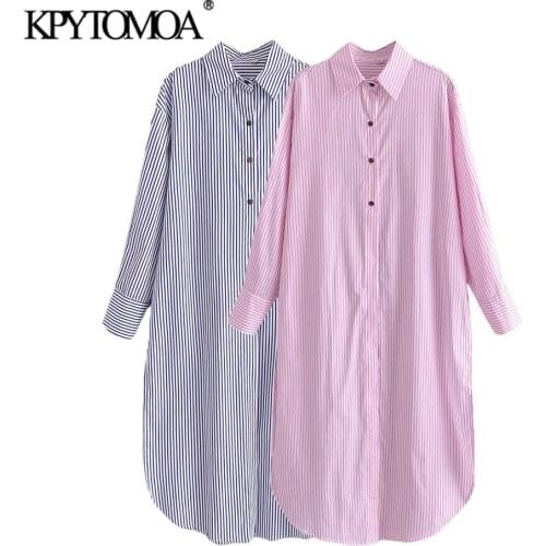 KPYTOMOA Women 2021 Fashion Striped Loose Midi Shirt Dress Vintage Long Sleeve Button-up Female Dresses Vestidos Mujer