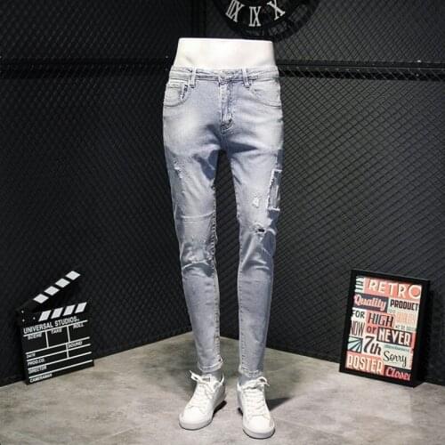 Summer New Washed Spliced Hole Jeans Men Bleached Light Blue Print Slim Pencil Pants Frayed Preppy Style Casual Denim Trousers