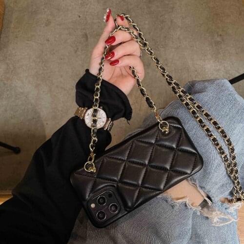 For Iphone 12 Mini 11 Pro XS Max XR X 8 7 Plus SE Fashion Long Metal Chain Cross Body Handbag Design Lambskin Leather Case Cover