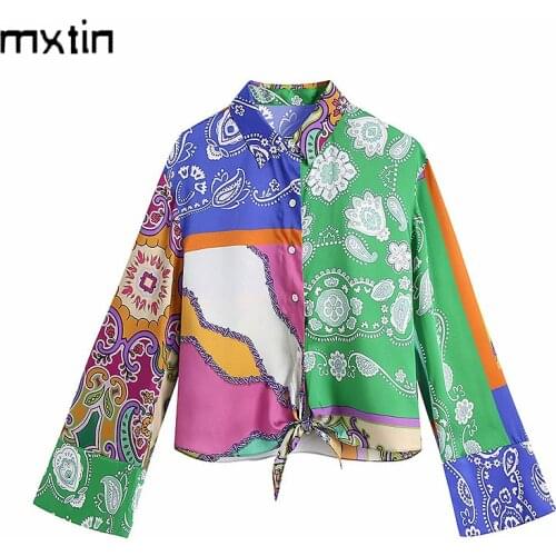 MXTIN 2021 Women Spring Fashion Print Loose Patchwork Blouses Vintage Lapel Collar Long Sleeve Female Shirts Blusas Casual Tops
