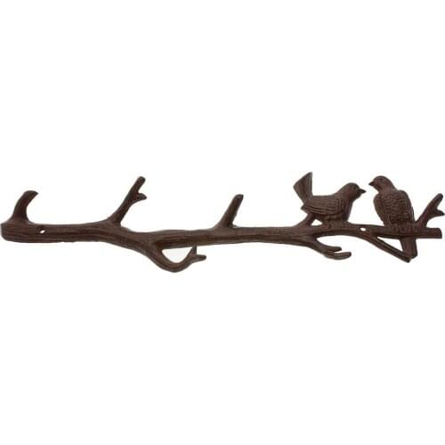 Retro Cast Iron Cute Birds On Branch Hanger With 6 Hooks Decorative Cast Iron Wall Hook Rack For Coats Clothes Towel