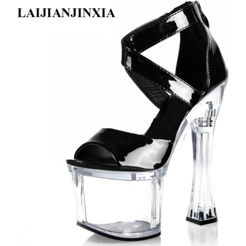 LAIJIANJINXIA New Patent leather 18 Cm Super High Heeled Shoes Big Size 46 Thick Platform 7 inches Dance Shoes Women Sandals
