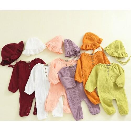 Newborn Baby Girl Boy Clothes Long Sleeve Romper Jumpsuit Cotton Linen Outfit Baby Rompers With Hat