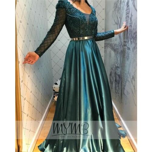 2021 Gorgerous Dubai Muslim Evening Gown Emerald Green Embriodered Long Sleeve Satin Aline Flowy Mother Of The Bride Dresses