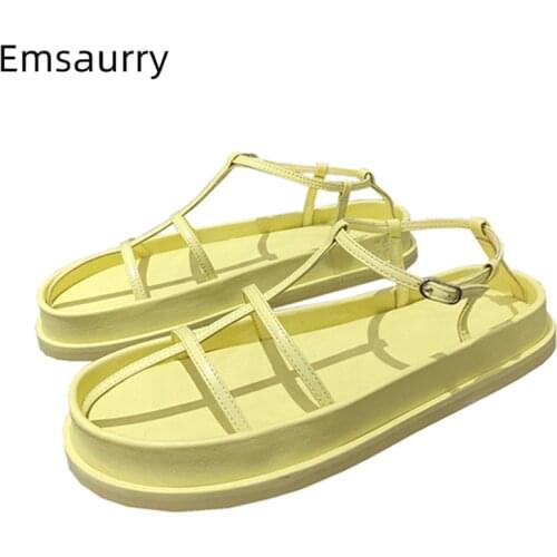 Sexy Narrow Band Flat Heel Sandals Women Ankle Strap Fretwork Genuine Leather Platform Summer Sandalias De Mujer