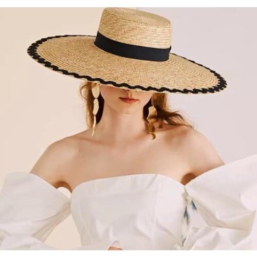 Elegant Chapeu Feminino Summer New Wave Patch Flat Top Big Wide Brim Straw Hat For Lady Holiday Sun Protection Beach Bucket Cap