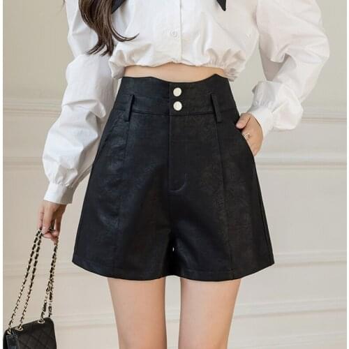 2021 Autumn Winter New Women Suede Shorts Fashion Button High Waist Wide-leg Shorts Female Casual Loose PU Leather Shorts