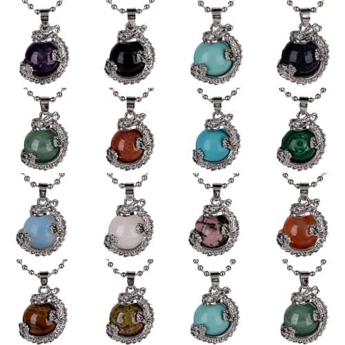 Vintage Gem Stone Round Ball Pendant Necklace Silver Plated Link Chain Choker Long Necklace for Women Charm Jewelry
