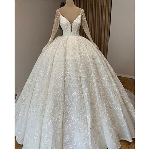 Gorgeous Pearls Lace Ball Gown Wedding Dress 2021 Sexy V Neck Long Sleeve Tulle Wedding Bridal Gowns Robe De Mariage