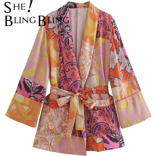 SheBlingBling Za Woman 2021 Summer Casual Long Kimono Shirts Vintage Tops Printed Patch Pockets Belted Loose Female Traf Blouses