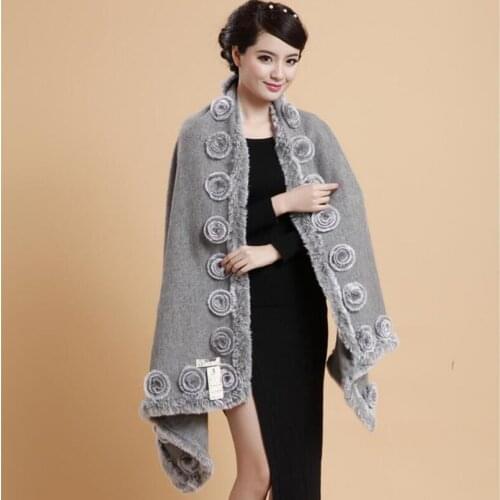 Womens Autumn Winter Wool with Natural Rex Rabbit Fur Rose Floral Warm Shawl Scarf Wrap 6 Colors S7