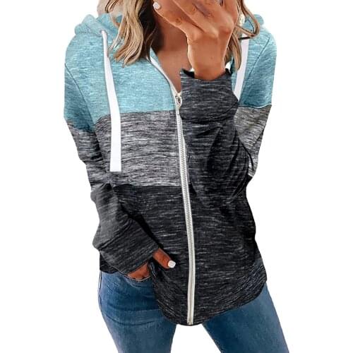 Women Patchwork Jackets Spring Color Block Hooded Women Sweatshirt Casual Pocket Zipper Loose Plus Size Female Outwear