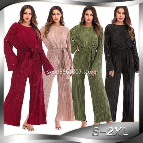 Muslim Pleated Rompers Women Dubai Turkey Beaded Lace-up Abaya Hijab Sets Jumpsuit wide leg pants Kaftan Islam Islamic Clothing
