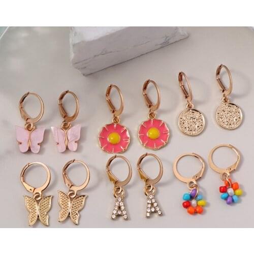 JUST FEEL New Fashion Butterfly Flower Drop Earrings for Women Simple Coin Letter Crystal Dangle Earring Set 2021 Korean Jewelry