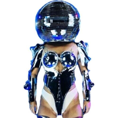 Women space suit costume silver sexy bikini cosplay LED astronaut spacesuit with ball headpiece