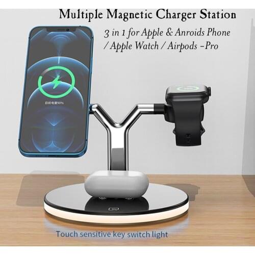 3 in 1 Mag. Safe Wireless Charging Station For iPhone 12 Pro Max Mini& Apple i Watch & Airpods/Pro Magnet Phone Stand Qi Charger