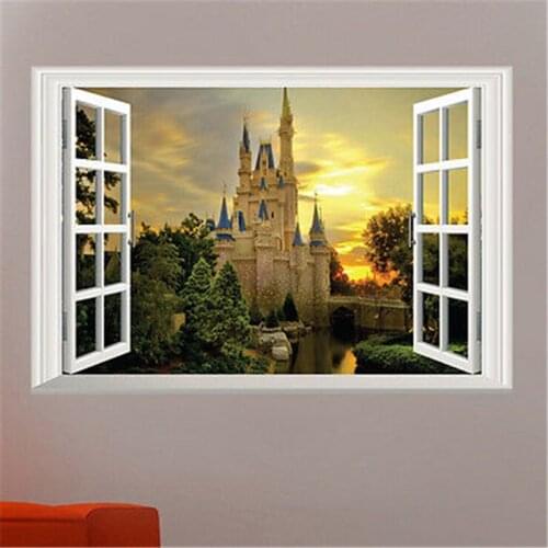 3D Castle Tower Window Overlooking Removable Wall Decals for Living room Bedroom