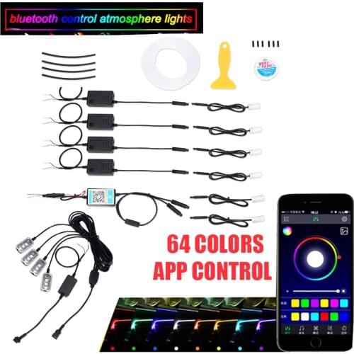 Car Ambient Light Foot Lamp RGB (6 + 4) with 8M Optical Fibre 64colors Led Wireless No Threading App Control
