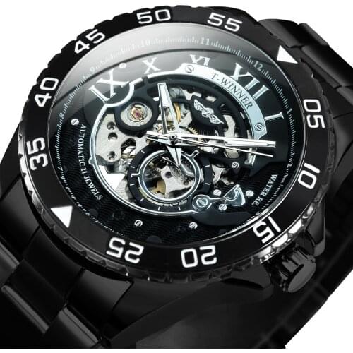 WINNER Official Luxury Brand Men Automatic Watches Skeleton Dial Gold Stainless Steel Watch Strap Fashion Mechanical Wristwatch