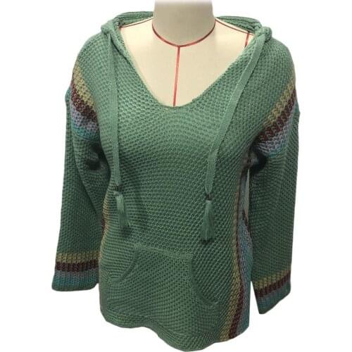 Women Sexy Loose V Neck Long Sleeves Hollow Stripes Pocket Knit Sweater Hoodie New Womens Sweater Trendy Ladies Pullovers