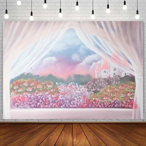 Princess Castle Backdrop Girl Baby Shower Flower White Curtain Clouds Photography Background Photo Studio Photozone Decor Props