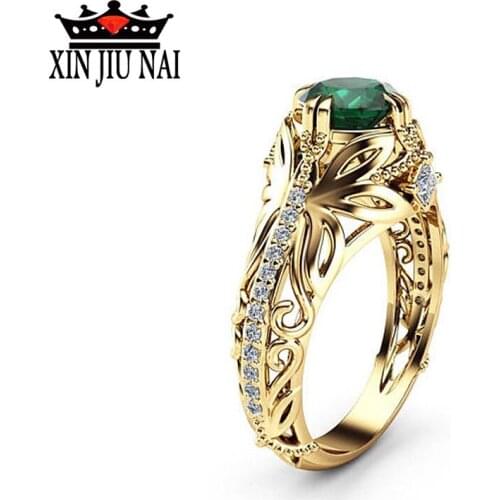 Luxurious hollow-out design leaves 18K color circular emerald ring inlaid Rhinestone CZ party jewelry fashion gift womens rings