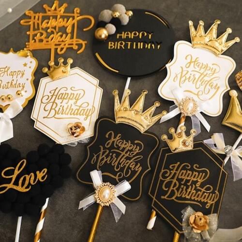 Prince Princess Crown Happy Birthday Cake Topper Party Decor Baking Supplies