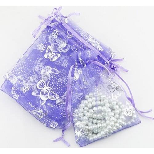 200pcs 7x9cm Purple Butterfly Organza Wedding Favour Bags Jewelry Pouches Christmas Gift Bags