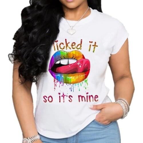 Fashion Letter Sexy Colorful Lip Printing Female T-Shirt Summer Loose Comfortable Round Neck Short-Sleeved Top Oversize Tshirts