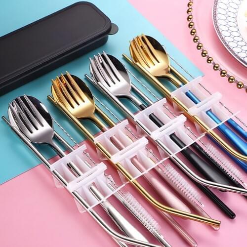 New Portable Fork Spoon Straw Brush Tableware Set Stainless Steel Dinnerware With Box Travel Dinner Set For Kid School Cutlery