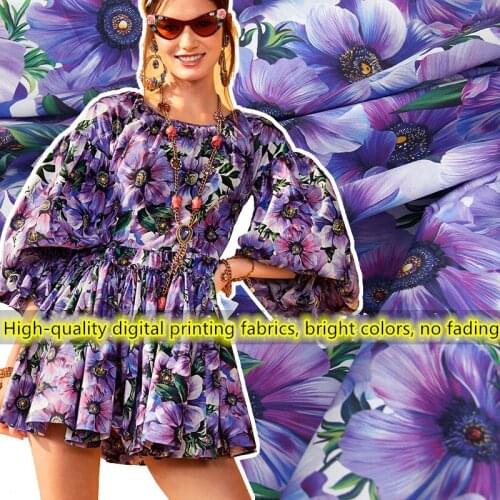 The new European Italy Sicily show field purple anemone flower cotton poplin fabric digital printing support customized