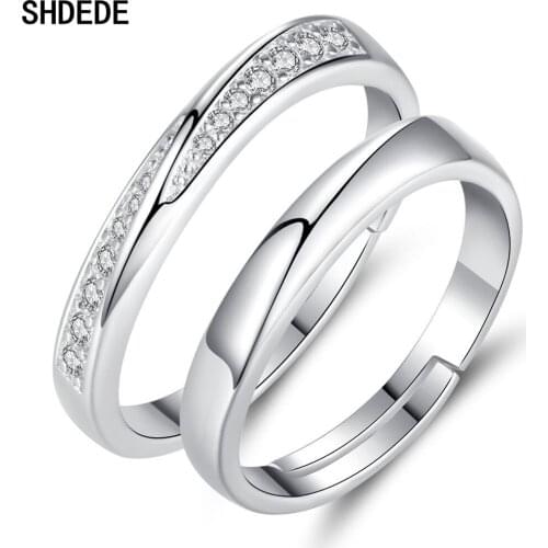 SHDEDE Fashion Simple Opening Ring Minimalist Silver Adjustable Rings For Men Women Couple Engagement Jewelry Zirconia -WH141