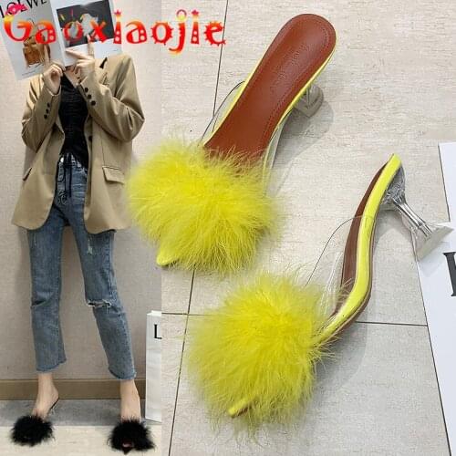 Slippers Women Summer Wear 6.5CM Mid-Heeled Pointed Transparent Sandals 2021 New Feather High-Heeled Career Large Womens Shoes