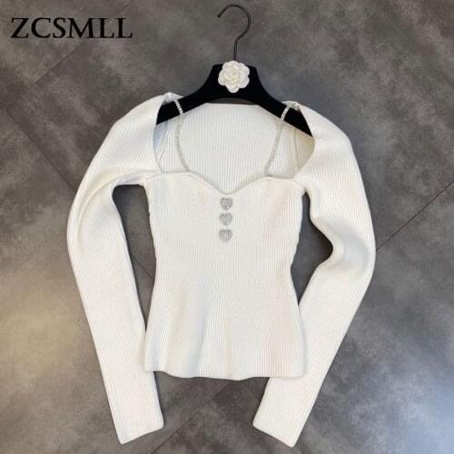 ZCSMLL 2021 Fall Square Neck Long Sleeve Peach Heart Rhinestone Button Decorative Rhinestone Chain Knit Sweater Trend