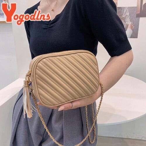 Yogodlns Luxury Tassel Shoulder Bag for Women PU Leather Crossbdy Bag VIntage Stripe Messenger Handbags Chains Design Purse sac