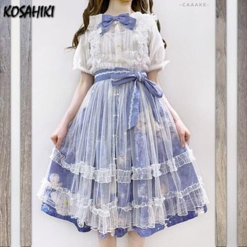 KOSAHIKI Japanese Harajuku Lolita Pleated Skirt Girls Mesh Patch Printed Cake Skirt Student Fashion Short Skirts Chic Cosplay