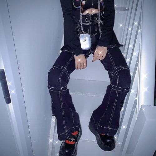 Women High Waist Jeans Japanese Harajuku Y2k Cool High Street Tied Rope Wide-leg Slim Trousers Trendy All-match Casual Pant