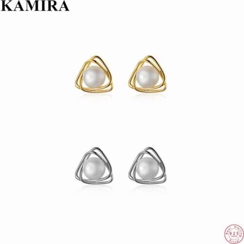 KAMIRA 925 Sterling Silver Korean Geometric Elegant Natural Baroque Pearl Stud Earrings for Women Wedding Charm Chic Jewelry 피어싱