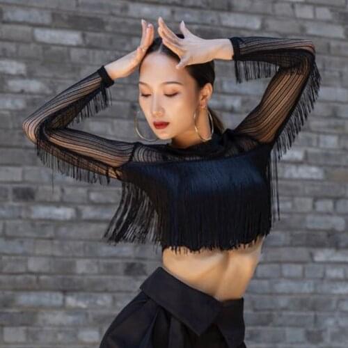 Fringed Latin Dance Tops Women Sexy See-Through Mesh Long Sleeves Shirt Cha Cha Samba Show Costume Rumba Practice Wear DNV14169
