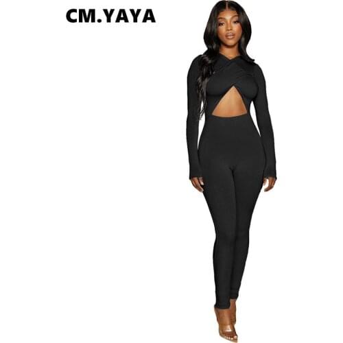 CM.YAYA Women Jumpsuit Solid Full Sleeve Hollow Out Stretchy Bodycon Skinny Pencil Jumpsuits Fashion Casual Outfit Summer 2021