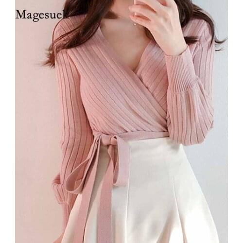 V-Neck Korean Lace Up Bandage Slim Short Bottomed Pullovers for Women Chic Autumn 2020 New Cross Pink Sweater Pull Femme 11978