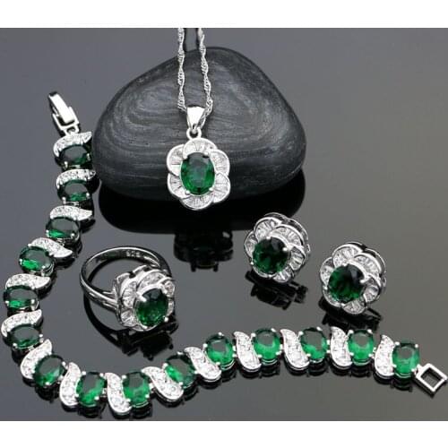 Bridal 925 Sterling Silver Jewelry Sets For Women Green Cubic Zirconia White Crystal Earrings/Ring/Bracelet/Necklace/Pendant Set