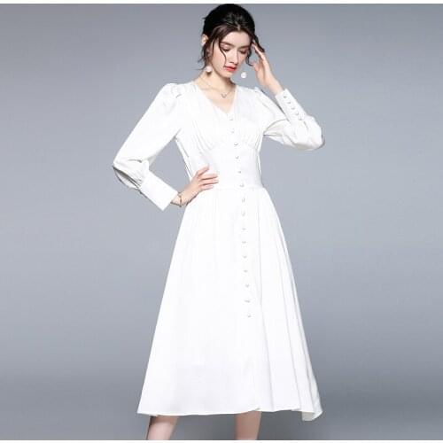 Menahem Elegant Satin Chiffon Long Lantern Sleeve High Waist A-Line Dress 2021 Women V-Neck Buttons Solid White Vintage Vestidos