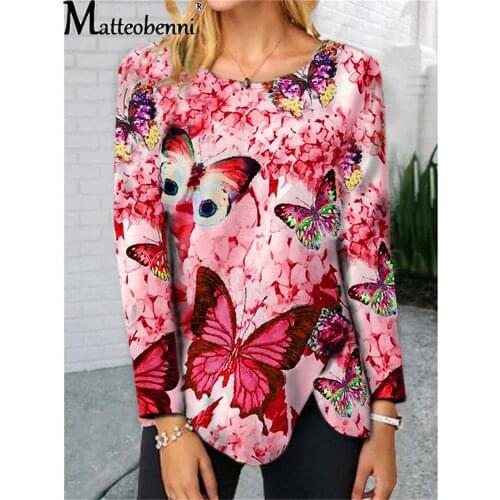 2021 Elegant Butterfly Print Long Sleeve T-Shirt Womens Autumn Casual O-Neck Tops Fashion Ladies Irregular Plus Size Loose Tees